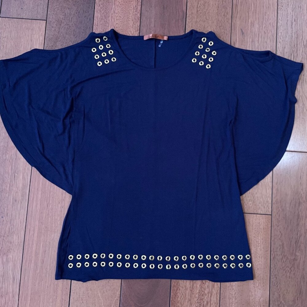 Belldini Open Shoulder Butterfly Sleeve Blouse, Gold Grommet, Navy Blue,…